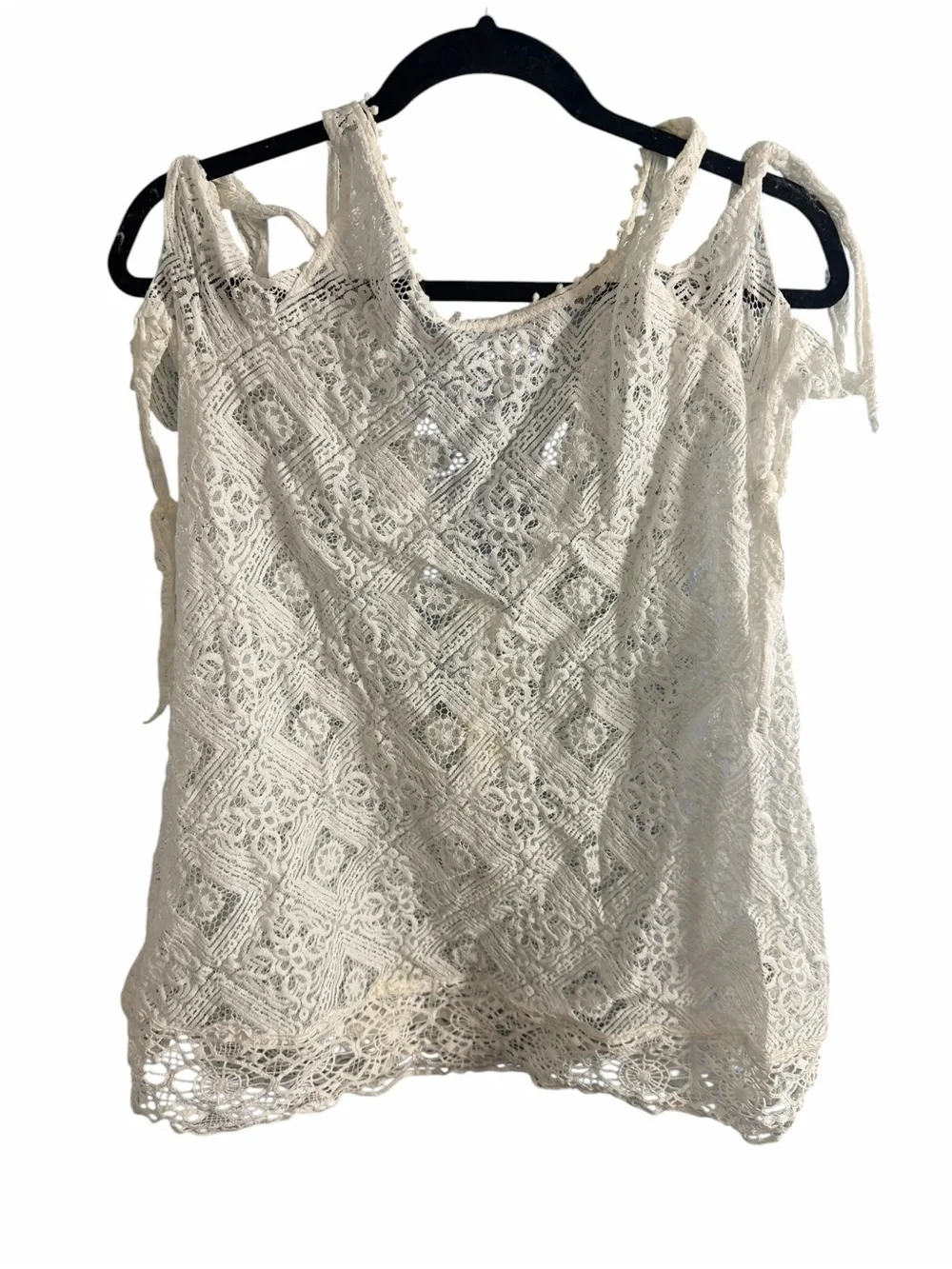 Free People Geo Sands Lace Cold Shoulder Tie Top Ivory Sheer Open Back